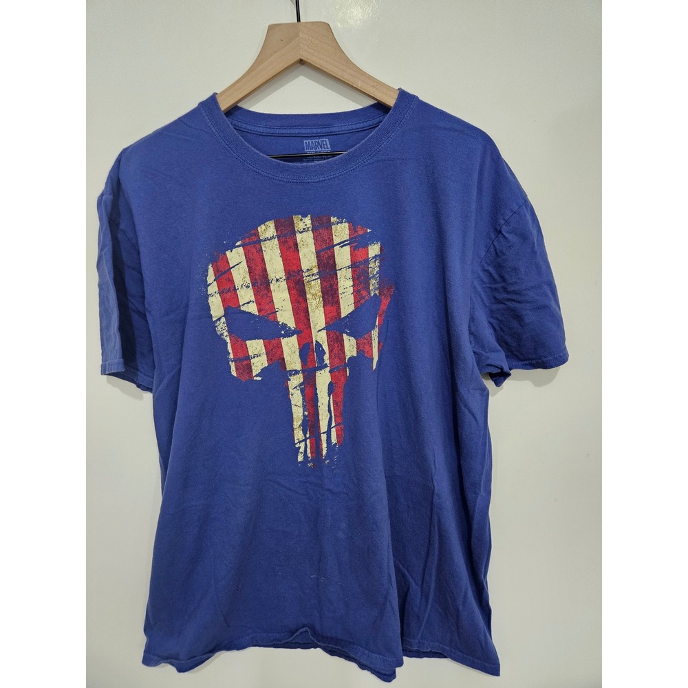 Marvel Punisher Graphic T-Shirt Mens 2XL Blue American Flag Skull Cotton Tee
